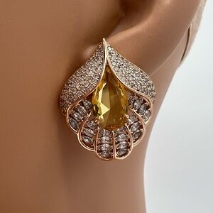 Art Deco Yellow CZ Gold Tone Earrings